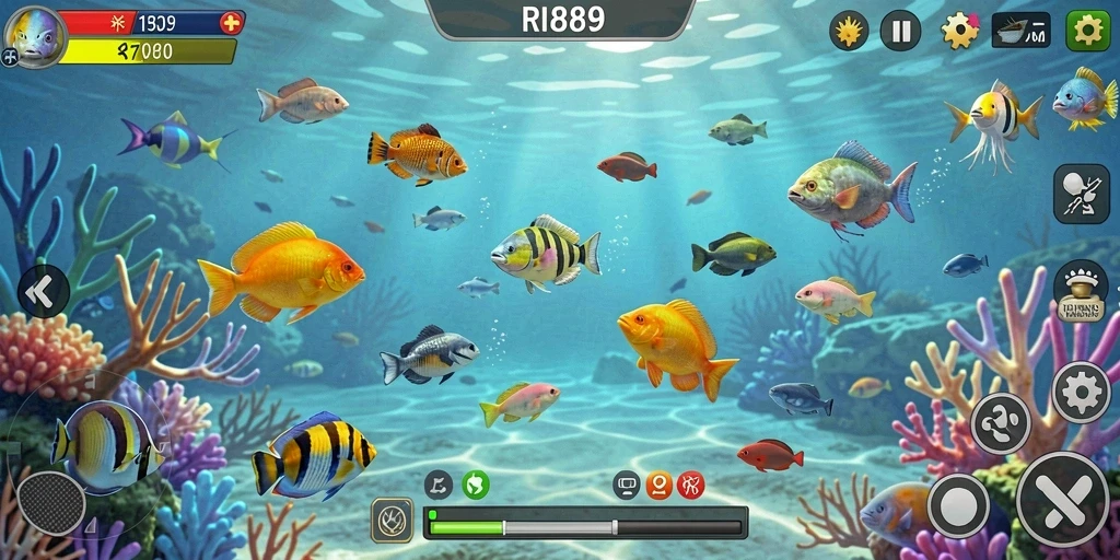 Screenshot gameplay RI889 dengan aksi menembak ikan yang menarik.